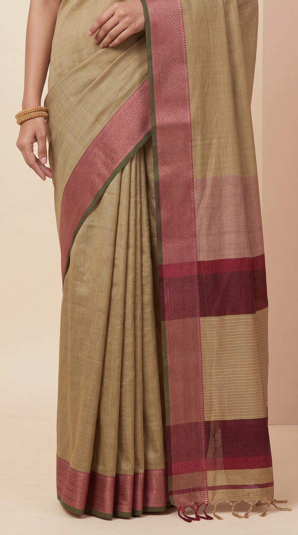 Khaki Maheshwari Silk Saree with Lehar Border