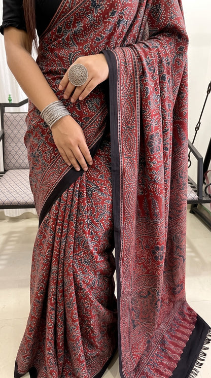 Red Ajrakh Pure Modal Silk Saree