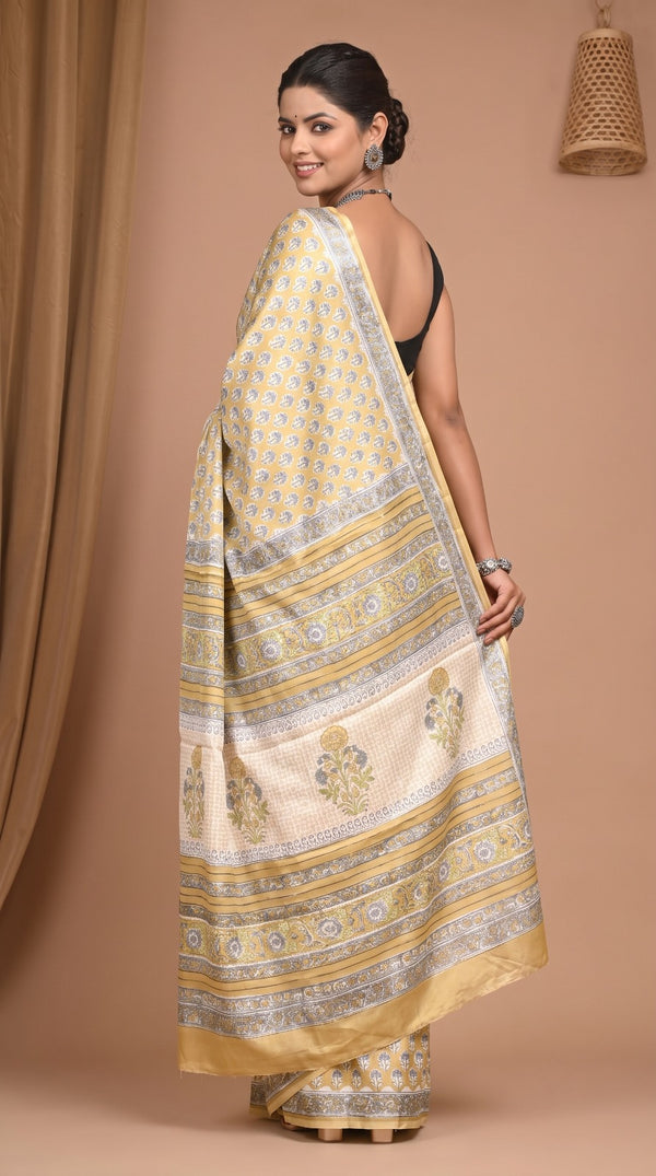 Mustard Pure Modal Silk Bagru Print Saree