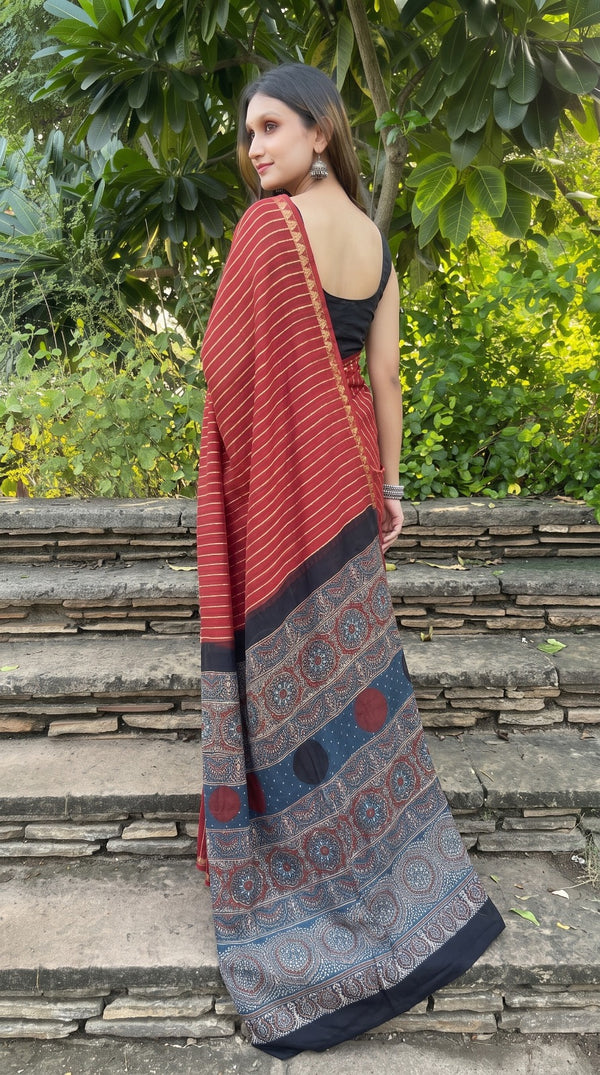 Red Pure Modal Silk Ajrakh Print Saree