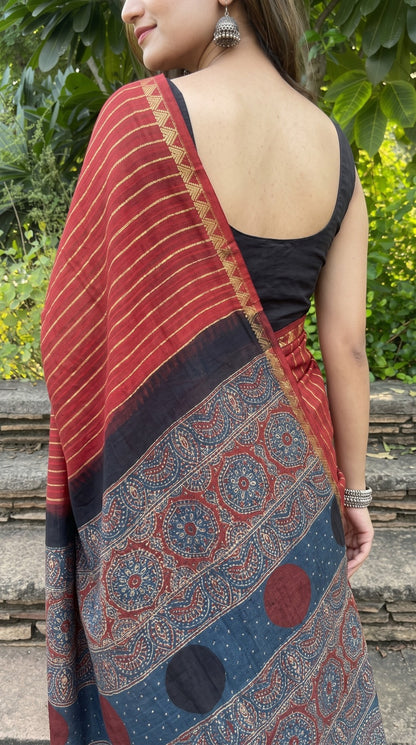 Red Pure Modal Silk Ajrakh Print Saree