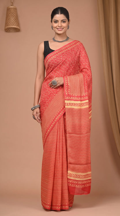Red Pure Modal Silk Bagru Print Saree