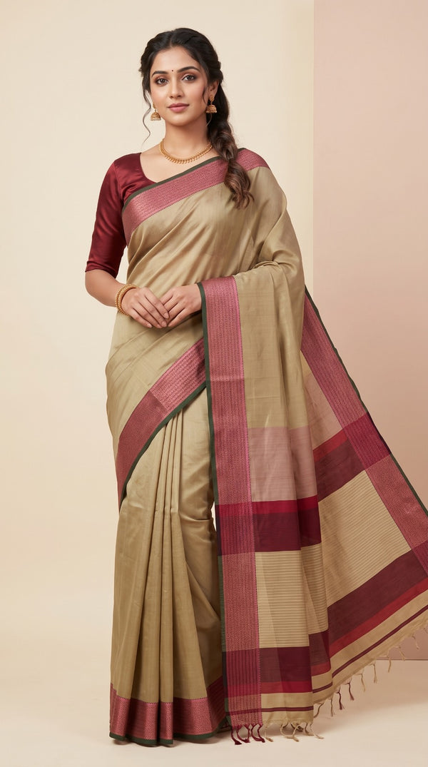 Khaki Maheshwari Silk Saree with Lehar Border