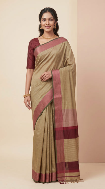 Khaki Maheshwari Silk Saree with Lehar Border