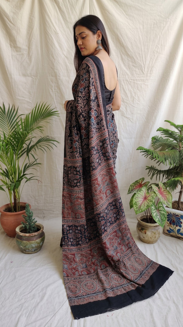 Black Ajrakh Pure Modal Silk Saree