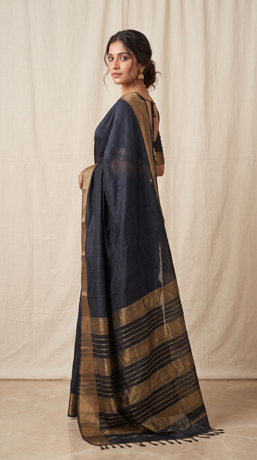 Black Maheshwari Silk Saree with Zari Border