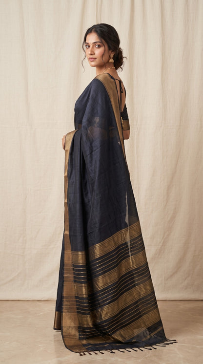 Black Maheshwari Silk Saree with Zari Border