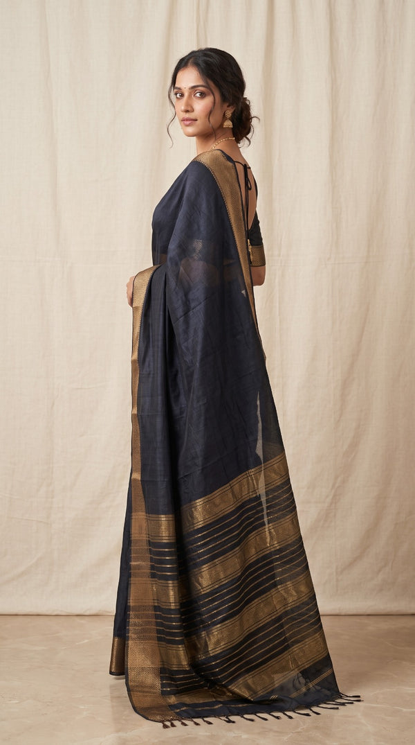 Black Maheshwari Silk Saree with Zari Border
