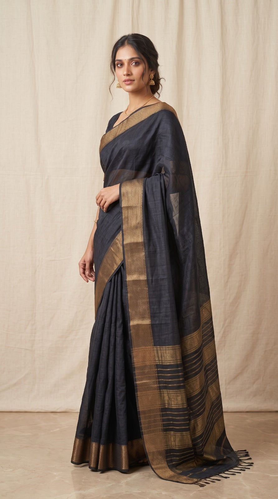 Black Maheshwari Silk Saree with Zari Border