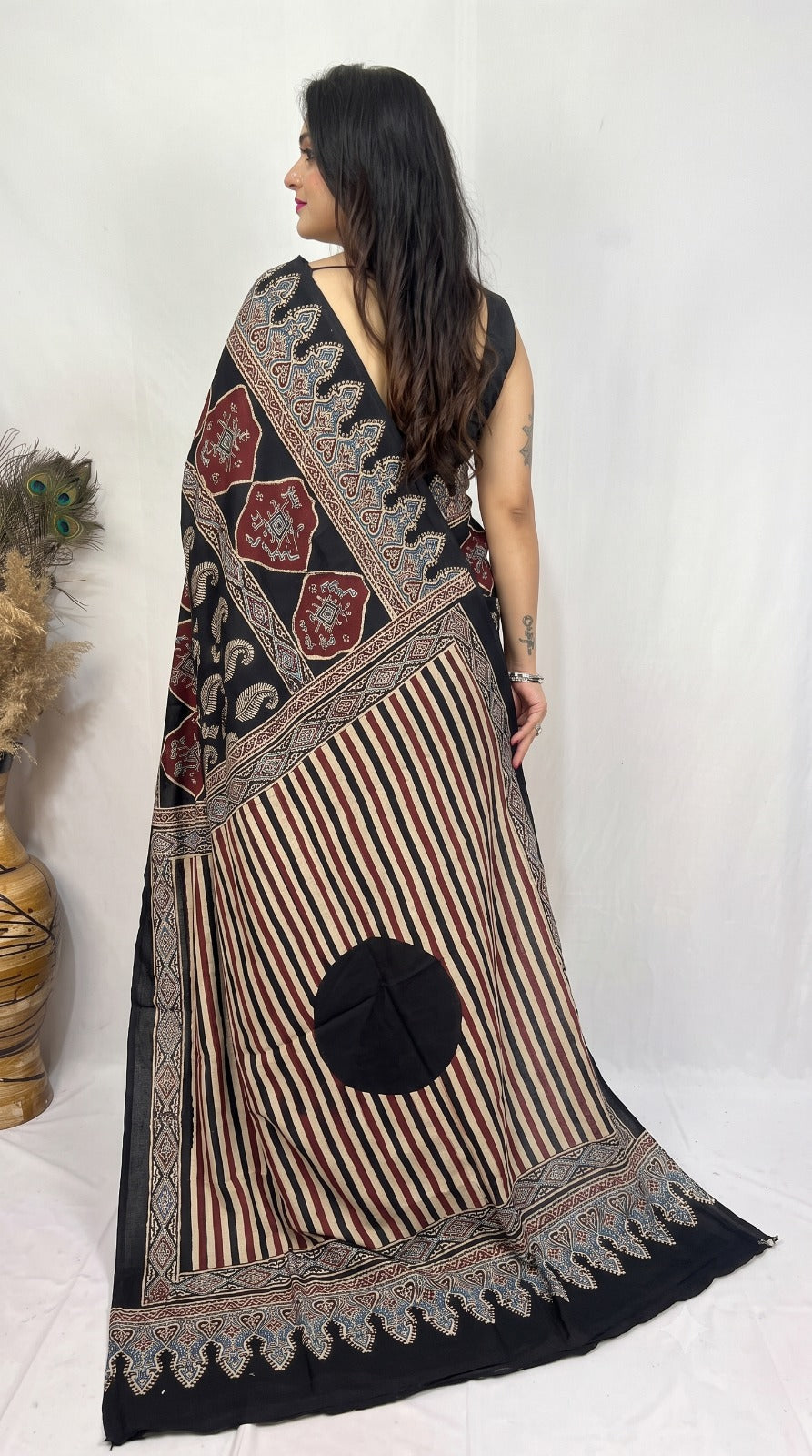 Black Pure Modal Silk Ajrakh Print Saree