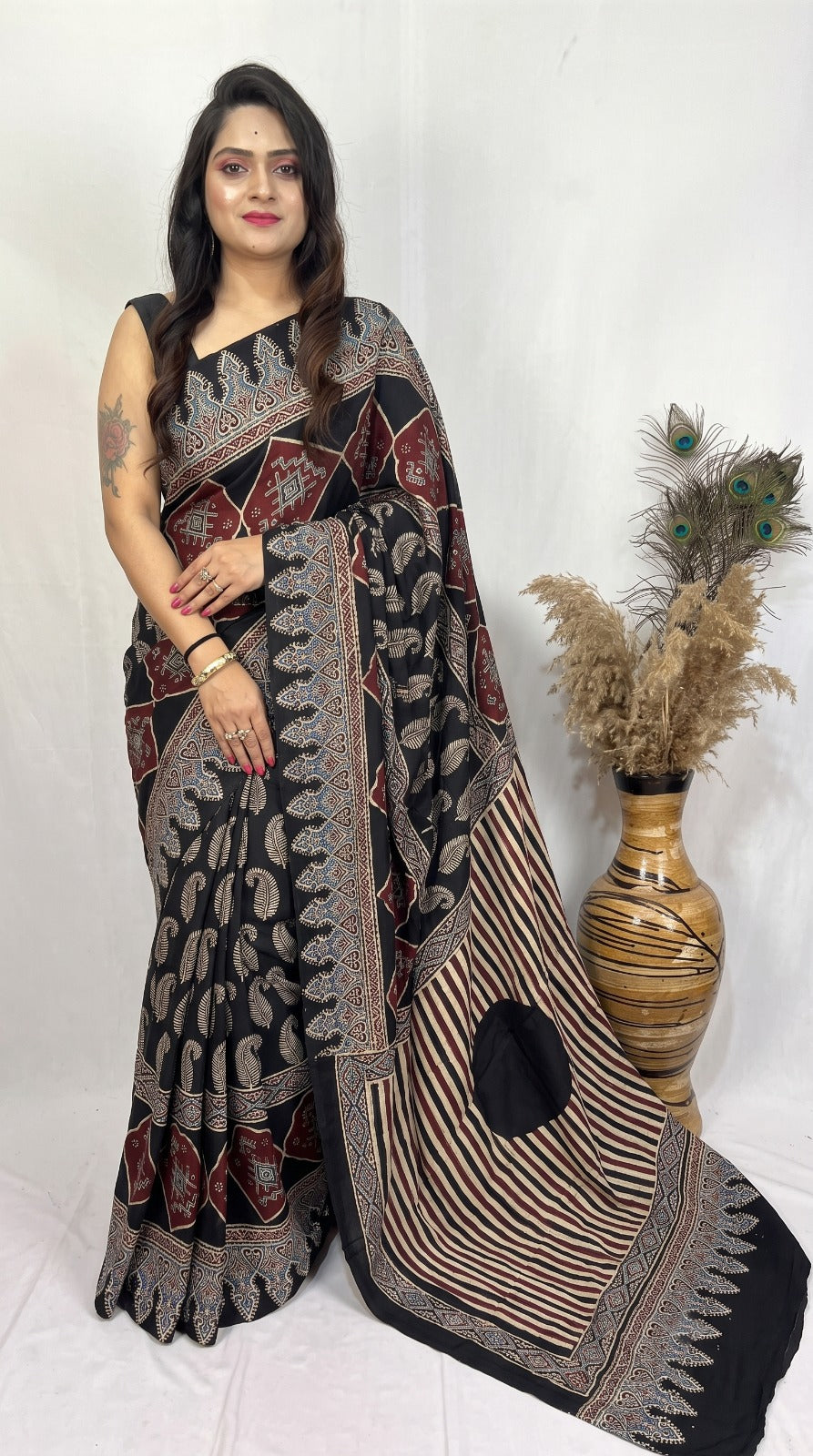 Black Pure Modal Silk Ajrakh Print Saree