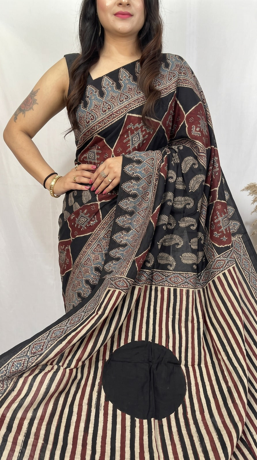 Black Pure Modal Silk Ajrakh Print Saree