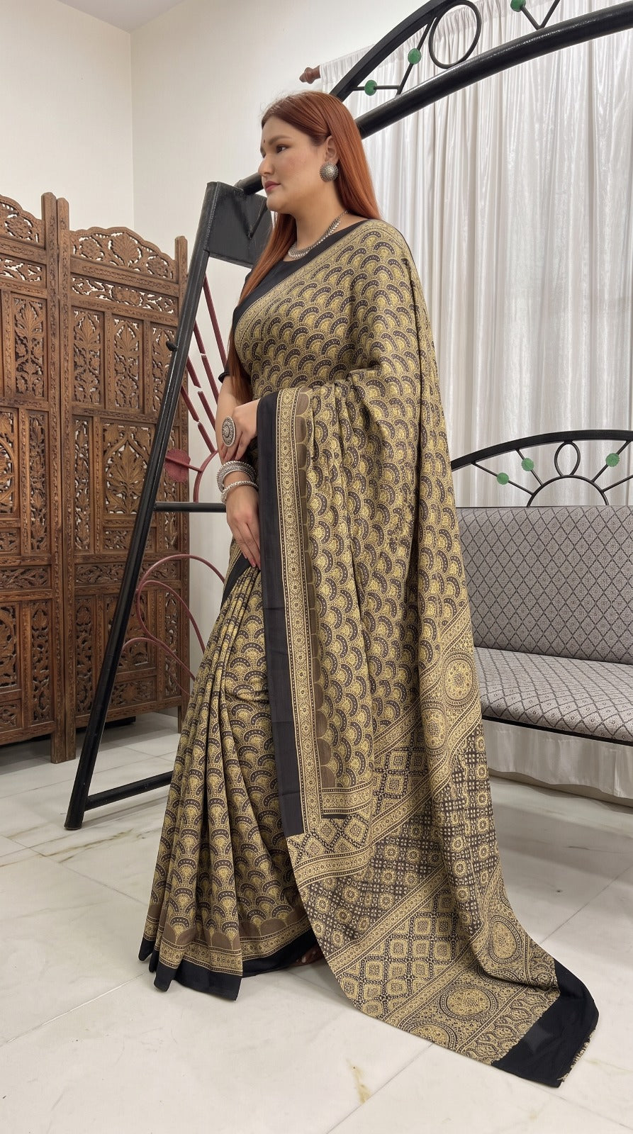Cream Pure Modal Silk Ajrakh Print Saree