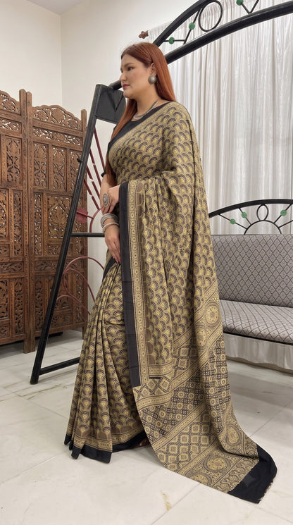 Cream Pure Modal Silk Ajrakh Print Saree