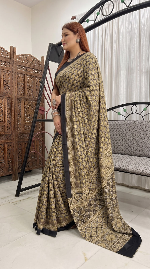 Cream Pure Modal Silk Ajrakh Print Saree