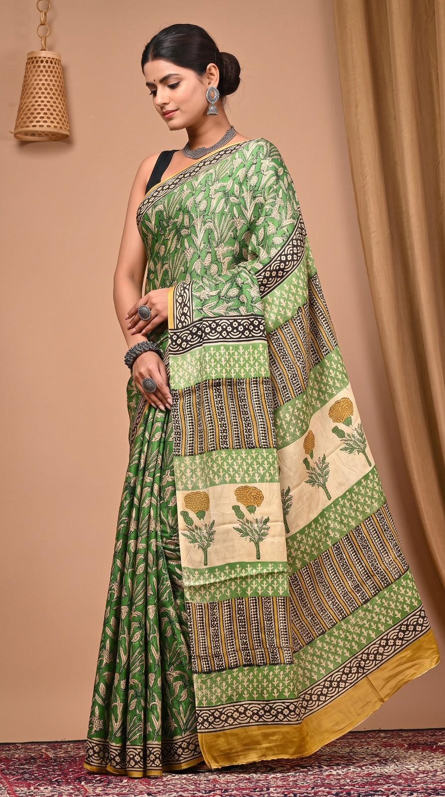 Green Pure Modal Silk Bagru Print Saree