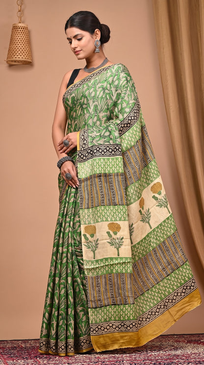 Green Pure Modal Silk Bagru Print Saree