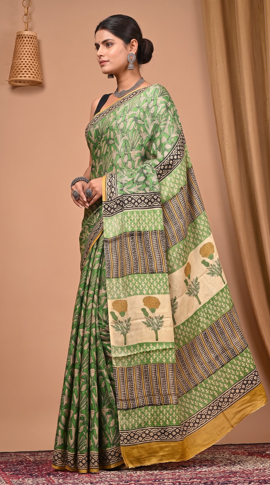 Green Pure Modal Silk Bagru Print Saree