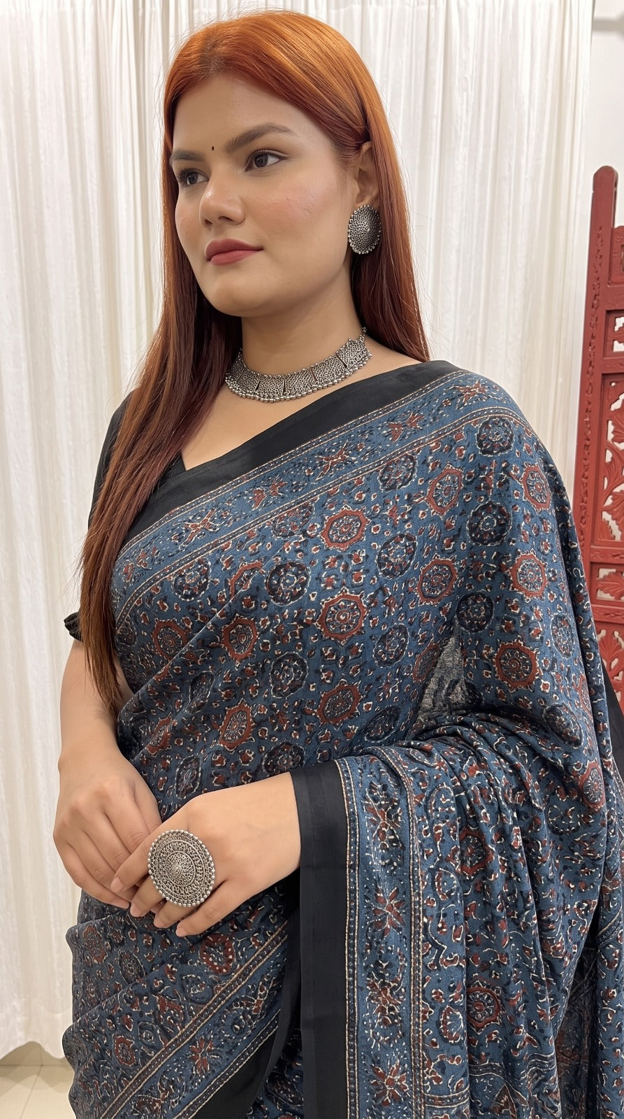 Indigo Ajrakh Pure Modal Silk Saree