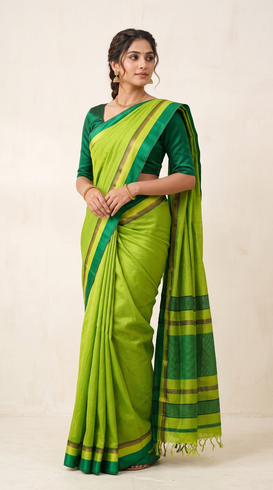 Green Maheshwari Silk Saree with Multi Border