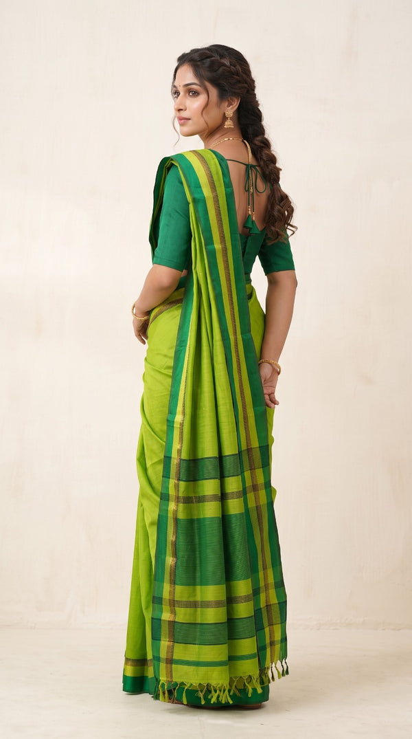 Green Maheshwari Silk Saree with Multi Border