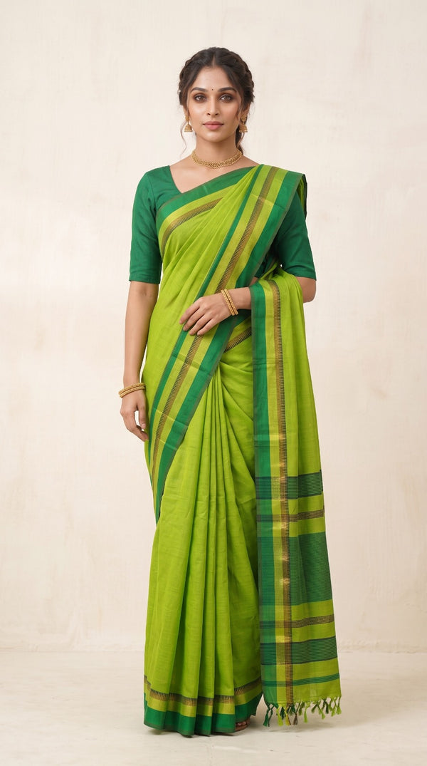 Green Maheshwari Silk Saree with Multi Border