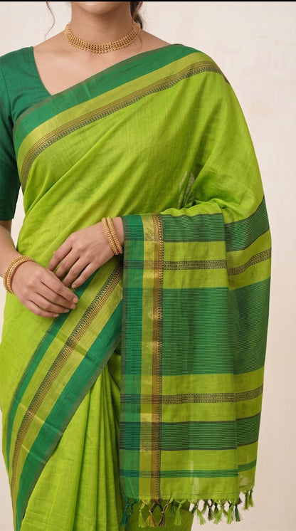 Green Maheshwari Silk Saree with Multi Border