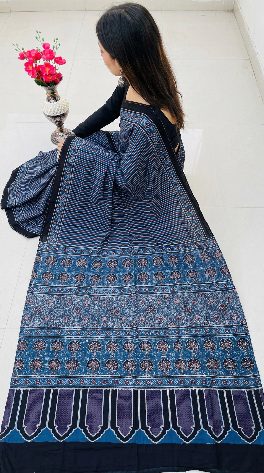 Indigo Pure Modal Silk Ajrakh Print Saree