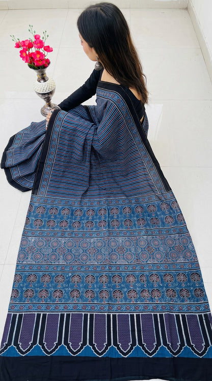 Indigo Pure Modal Silk Ajrakh Print Saree