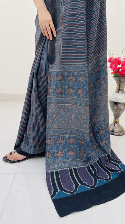 Indigo Pure Modal Silk Ajrakh Print Saree