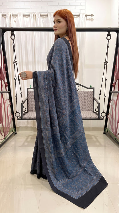 Indigo Pure Modal Silk Ajrakh Print Saree