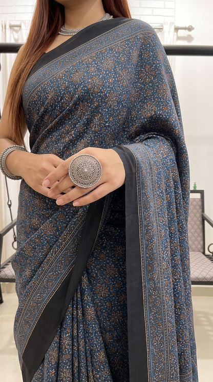 Indigo Pure Modal Silk Ajrakh Print Saree