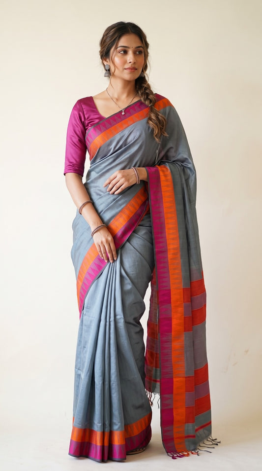 Grey Maheshwari Silk Saree with Temple Border