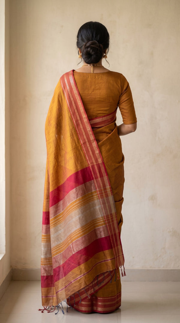 Rust Maheshwari Silk Saree with Chameli Border