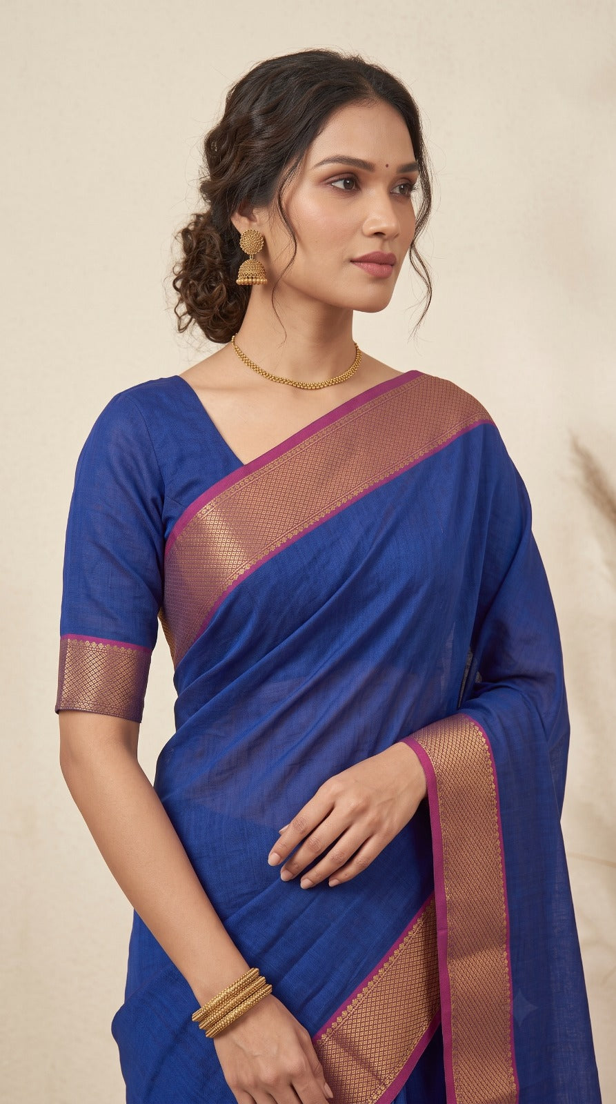 Navy Blue Maheshwari Silk Saree with Chatai Border