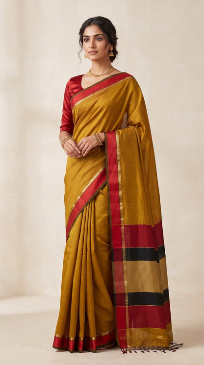 Ochre Maheshwari Silk Saree with Resham Border