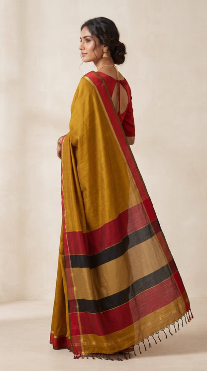 Ochre Maheshwari Silk Saree with Resham Border