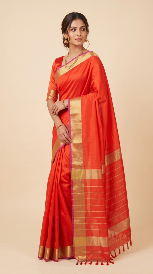 Orange Maheshwari Silk Saree with Lehar Border