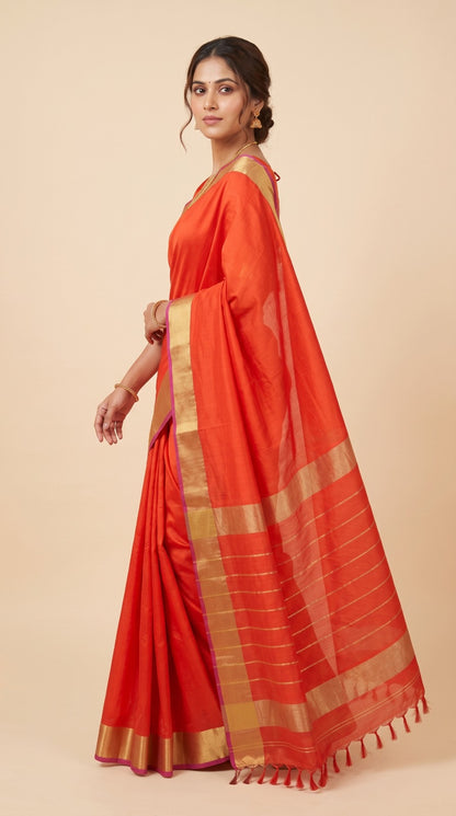 Orange Maheshwari Silk Saree with Lehar Border