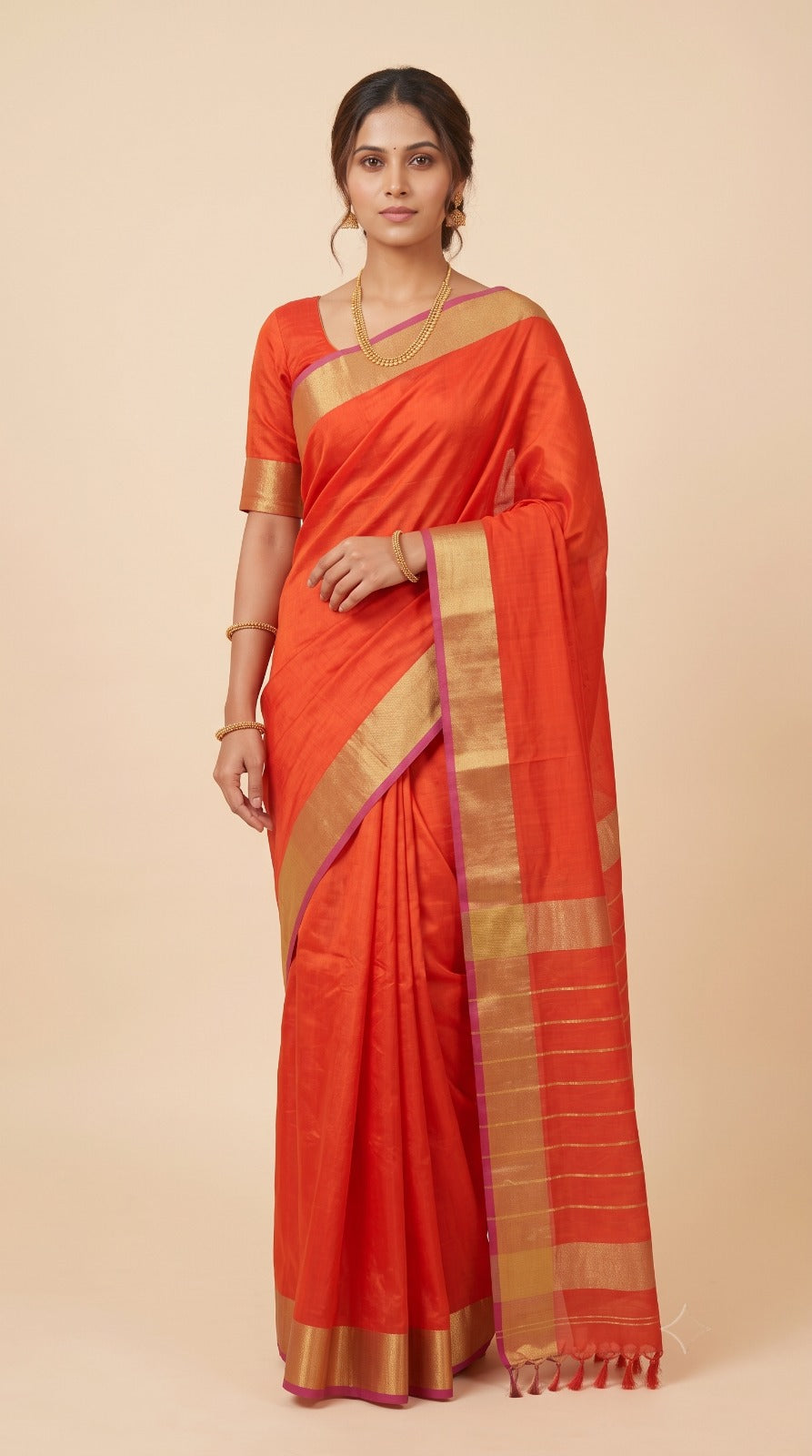 Orange Maheshwari Silk Saree with Lehar Border