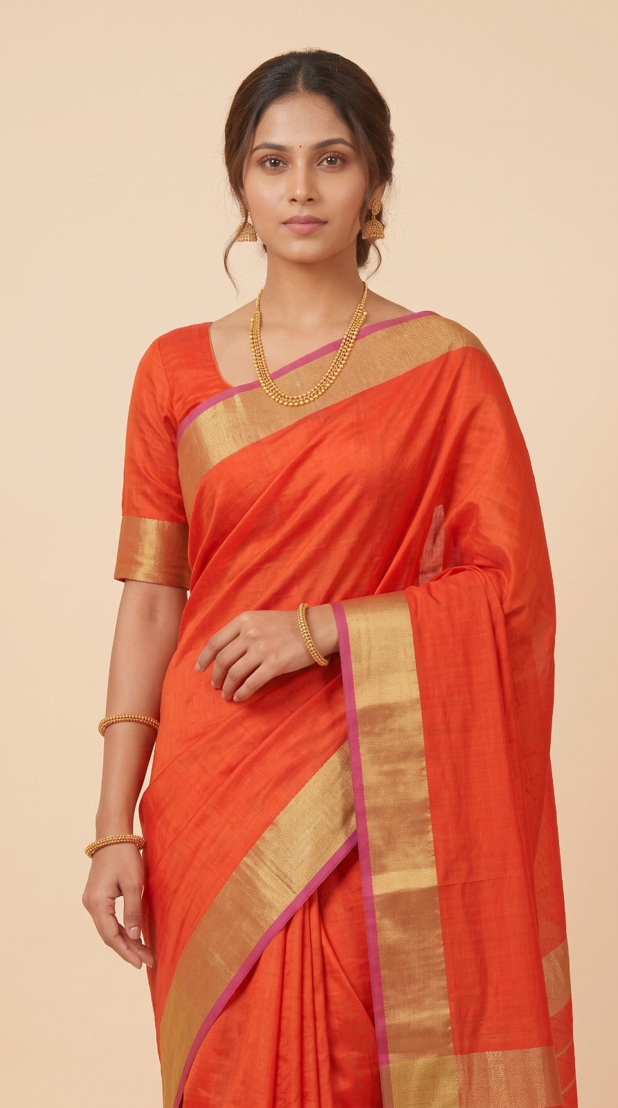 Orange Maheshwari Silk Saree with Lehar Border