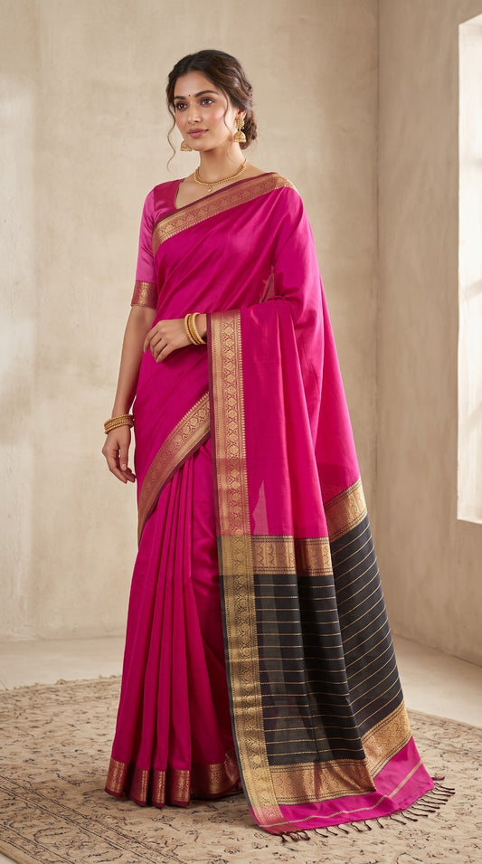 Pink Maheshwari Silk Saree with Chameli Border