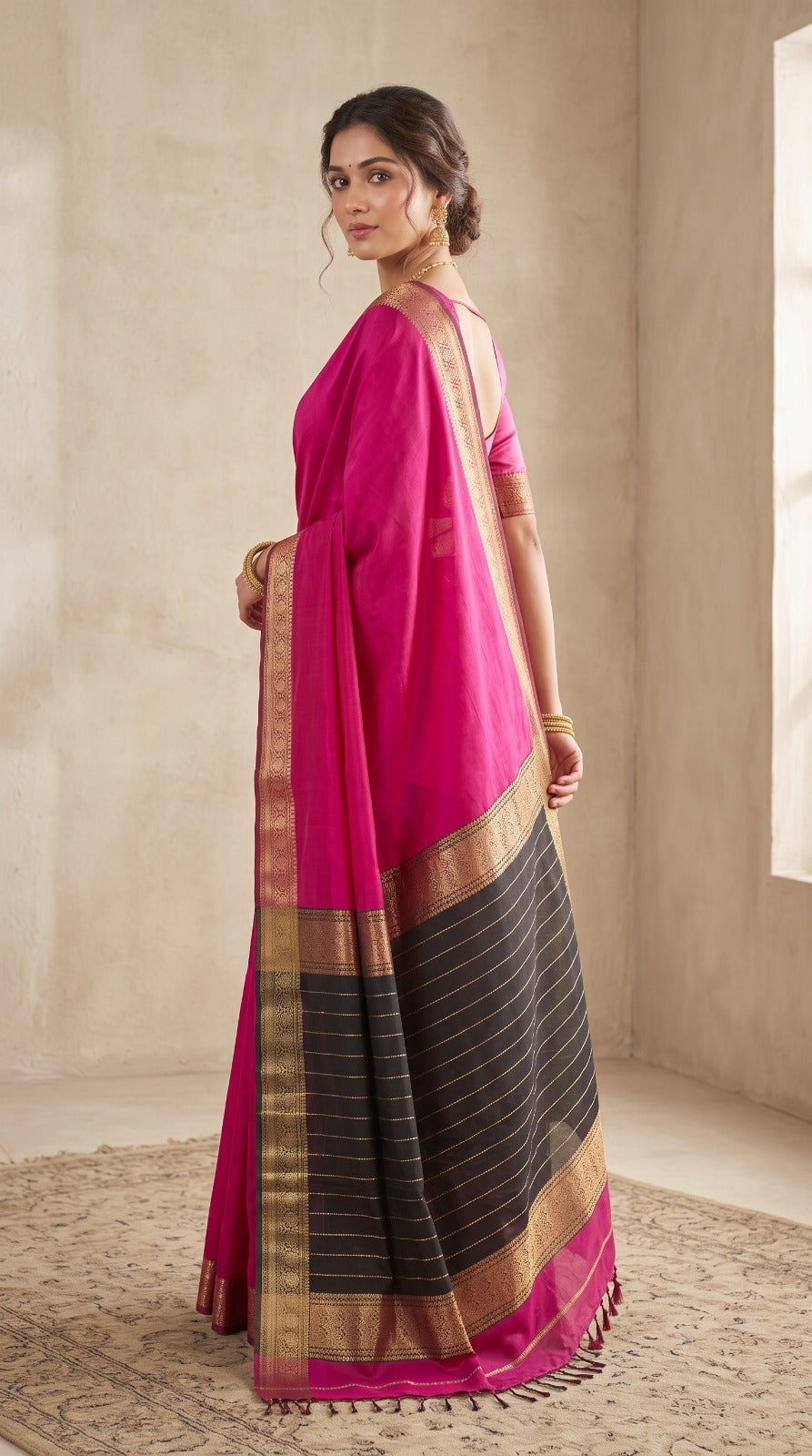 Pink Maheshwari Silk Saree with Chameli Border