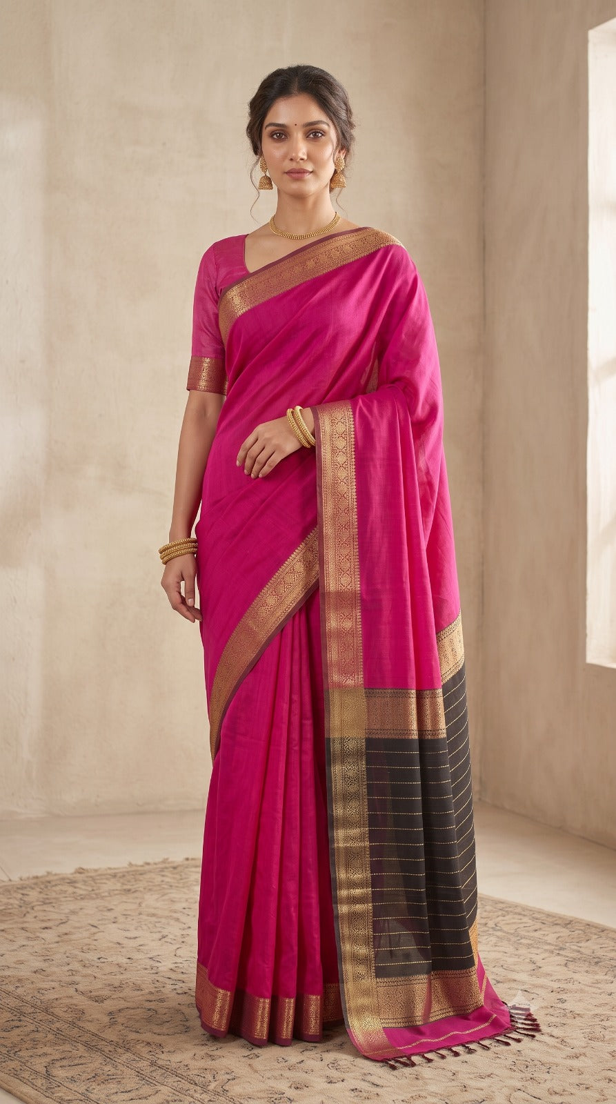 Pink Maheshwari Silk Saree with Chameli Border