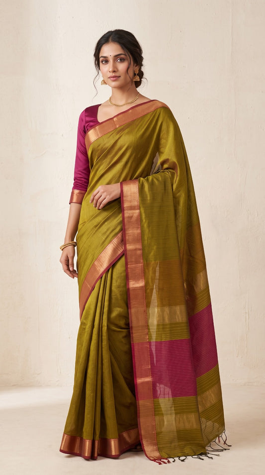 Mehndi Green Maheshwari Silk Saree with Zari Border