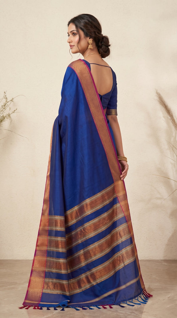 Navy Blue Maheshwari Silk Saree with Chatai Border