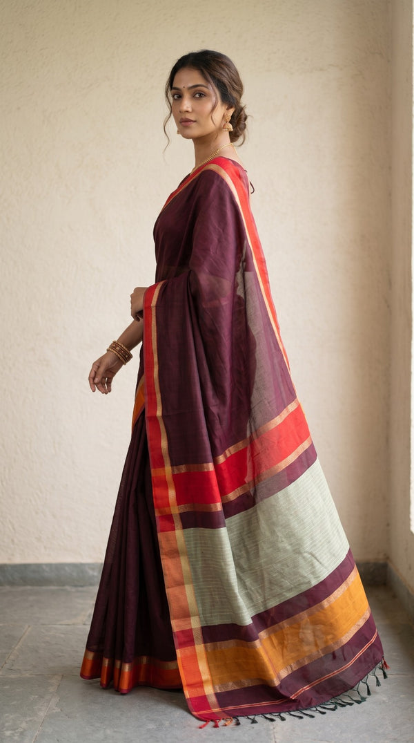 Wine Maheshwari Silk Saree with Ghicha Pallu