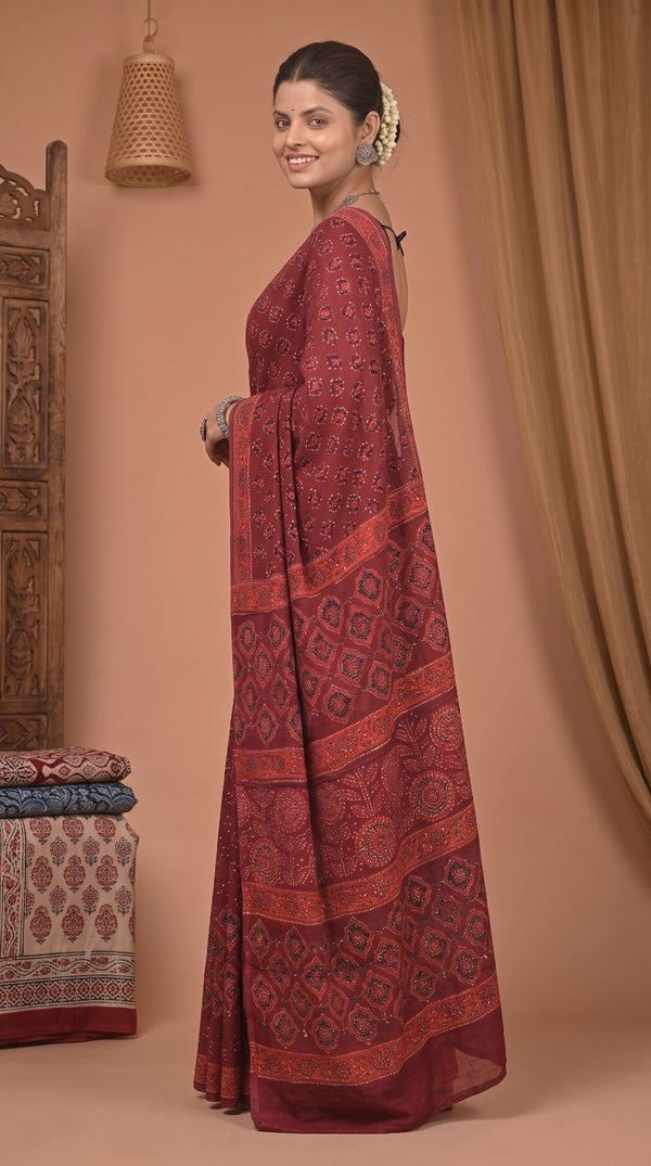 Wine Pure Modal Silk Bagru Print Saree