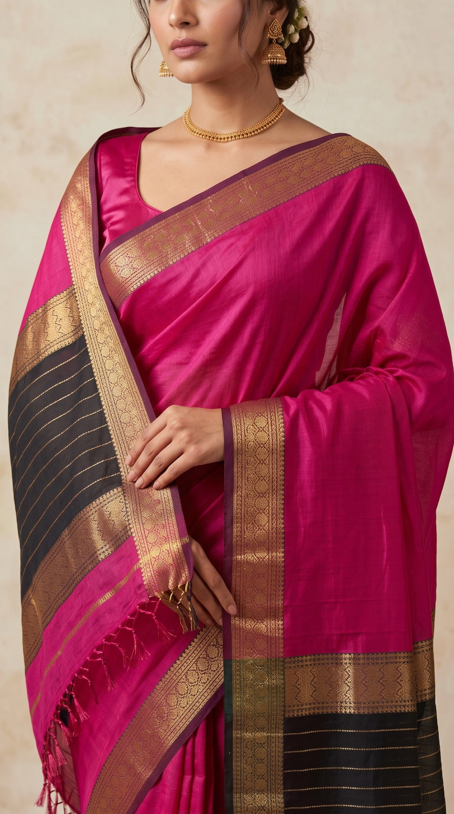 Pink Maheshwari Silk Saree with Chameli Border