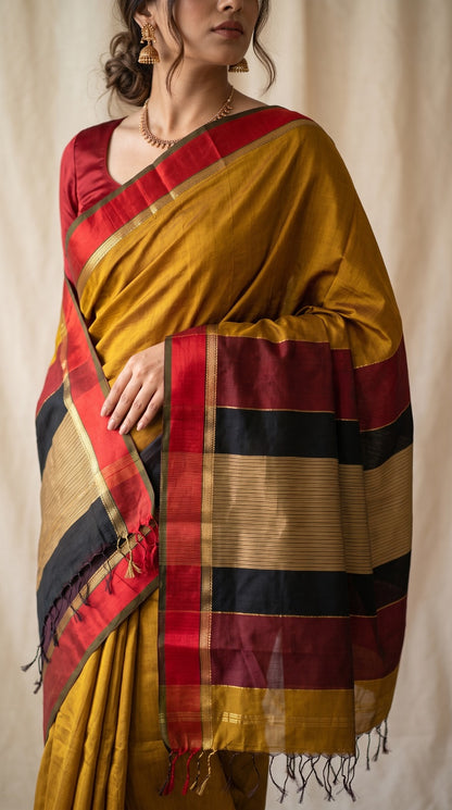 Ochre Maheshwari Silk Saree with Resham Border